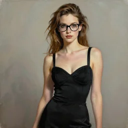 young and sensual Sally hawking's with glasses, black dress painting, James jean