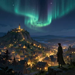 Wandering an elvish city at night, with beautiful glowing lights reflecting off the hilltops. Beautiful stars, aurora borealis. Magical Scene. Epic Landscape and City Painting by Tyler Edlin, and Michael Whelan, and J.R.R. Tolkien. 4K HD Wallpaper Premium Prints Available.