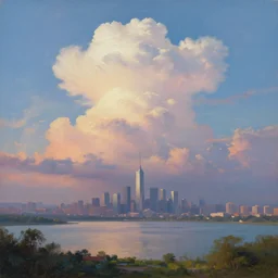 oil painting of a futuristic city near to a big lake, cumulonimbus clouths, sunset, nostalgic, very very very beautiful art, cinematic lighting, romanticism by goya, bright pastel color, blue sky