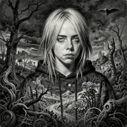 grunge drawing of billie eilish by - Zdzisław Beksiński , painting style, horror themed, detailed, elegant, intricate