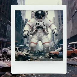 very realistic giant flood photographs of american white spacesuit chubby astronaut in postapocalyptic abandoned destroyed giant flood times square, wrecked buildings, destroyed flipped wrecked cars, underwater polaroid photo, vintage, neutral colors, underwater, by gregory crewdson