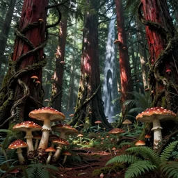 horrible surreal mushrooms overwhelming redwood forest, creeping fig vines, ferns and waterfalls shadow of the colossus screenshot by j. c. leyendecker, simon stalenhag, studio ghibli, barlowe, audobon and beksinski