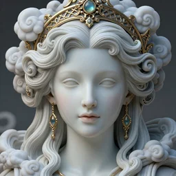 detailed realistic face portrait octane render, artwork by james jean, chiara bautista, smooth polished matte porcelain, queen of futility, jean delville, art nouveau, james jean spiraling clouds, ornate metal gothic icon heavy patina, joy, delicate, enchanting, otherworldly, whimsical, ethereal, mythology, magical, beautiful dreamscape