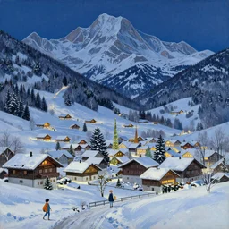 A beautiful landscape painting of a small swiss mountain village in the snow at night at Christmas by Alfons Maria Mucha and Julie Dillon and Makoto Shinkai