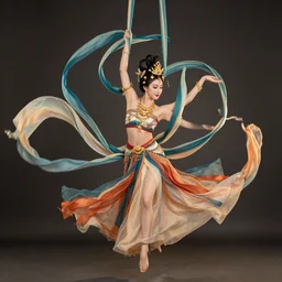 full body portrait of a dancer throwing large ribbons, feet, barefoot, full body, vivacious, extremely beautiful, gold jewelry, hanfu, chinese ribbon dance, aerial silk, large flying ribbons, ming dynasty, detailed, realistic face, anatomically accurate, fantasy art, ghostblade, wlop.