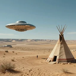 equirectangular projection of a western desert meets science fiction movie scene, alien landscape, flying saucer and a native american teepee 8 k