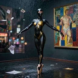 beautiful female model body in dark room with body painted in black colors, acid rain, wet ballerina, body details, wearing latex balaclava, golden body paint, photography by amy leibowitz, street, bokeh, long exposure, color papers flying in the sky, kandinski, fresco by michaelangelo, oil painting fluid acrylic 3 d paint with abstract rectangles