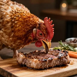 photo of a chicken eating a steak, 50mm, beautiful photo