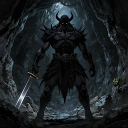 an epic, ominous dark humanoid creature holding a blade, anime art, a vast, dark cave