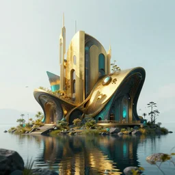 photo hyper realistic concept architecture art house solarpunk in the funny lake, volumetric lighting style futuriste, gold and black turquoise ratio,, octane render excellent composition style alphosne mucha