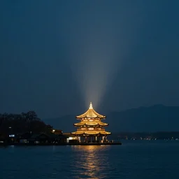 There is an ancient Chinese-style building that has been sleeping for thousands of years at the bottom of the huge lake. A ray of light shines from the lake surface, illuminating the ancient building at the bottom of the lake.