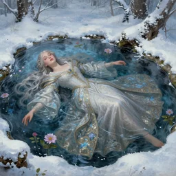 artistic painting, medieval ice princess in snow, ophelia, wearing ornate robes, beautiful eyes and lips, floating supine in a forest pond, flowers, art by artgerm and wlop and brom, highly detailed, 8 k, cinematic, digital painting, sharp focus, illustration, masterpiece