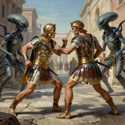a highly detailed matte painting of a roman gladiator in a life and death duel with two aliens in the streets of rome, 1 0 0 ad, in the style of greg rutkowski and remedios varo, ultra realistic, detailed, intricate, full of color, 4 k, hyperrealistic, focused, extreme details, masterpiece
