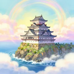 a still frame of a single magical japanese castle on a small cliff by the ocean, surrounded by clouds, colorful swirly magic ripples, pastel colors, by greg manchess, huang guangjian, gil elvgren, sachin teng, greg rutkowski, jesper ejsing
