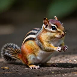 a dlsr canon shot of a cute colored furry chipmunk by side showing his rainbow fur in full body, rainbow - colored fur, vibrant colors, hdr, photorealistic, ultrareal, zeiss lens, depth of field
