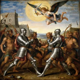 paladins in plate armor riding into hell, fighting demons, with an angel with a sword flying over them, renaissance painting