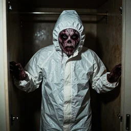 grainy photo of a person in a hazard suit as a creepy monster in a closet, harsh flash