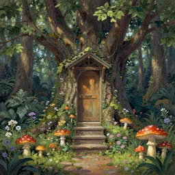 digital painting detailed forest tree with  door and stairs, magical forest flowers mushrooms painted by Ralph Horsley and Thomas Kinkade