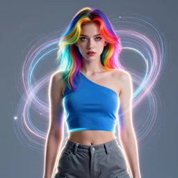 a award winning portrait of a beautiful woman with stunning eyes in a one off shoulder croptop and cargo pants with rainbow colored hair, outlined by whirling illuminated neon lines and fine lines swirling in circles by jesper ejsing, digital art, trending on artstation