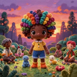 symmetry!, wide angle dynamic portrait of a chibbi black girl with a colorful afro in an african zen garden at sunset, macrophotography, felt texture, amigurumi by mark ryden and todd schorr and mark davis and zdislaw beksinski in a surreal lowbrow style, digital paint, matte paint, vivid synthwave colors, breathtaking landscape