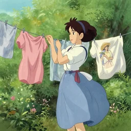 a wholesome animation key shot of a lady hanging out washing on a line in the garden, studio ghibli, pixar and disney animation, sharp, disney concept art watercolor illustration by mandy jurgens and alphonse mucha and alena aenami, pastel color palette, dramatic lighting