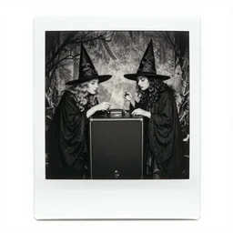 black and white realistic detailed polaroid photograph of witches worshipping a speakerbox