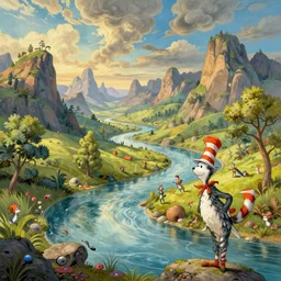 beguiling epic stunning beautiful insanely detailed landscape matte painting of a river landscape designed by dr seuss and michal karcz, by cyril rolando and asher durand and natalie shau, whimsical, intricate