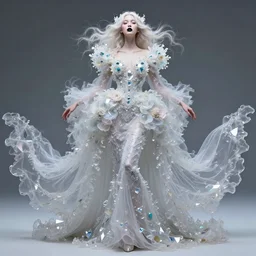 fullbody artwork of a goddess of dreams, wearing a long flowery dress, intricate, prism, flowey, wispy, wide hips, attractive character, black lipstick, intangible, dreamy, Character concept by Charlie Bowater, Anna Dittmann, WLOP, baroque, Akihiko Yoshida, Hyung-tae Kim, alexander mcqueen, trending on Artstation