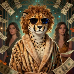 portrait, anthropomorphic cheetah, striped bathrobe, curly hair, electric sunglasses, surrounded 1 by floating autumn dollar bills, fantasy, detailed, intricate, luminescent, elegant, coherent, by mandy jurgens, hannah yata and kay sage, donato giancola, detailed, artstation, cinematic lighting, artdeco, art deco outrun aesthetic