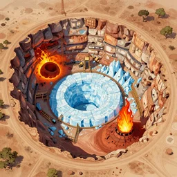Aerial view of a Australian gold mine, a fire cave, an ice mine and a fire mine, lineart, colored