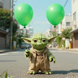 a photo of yoda holding a green balloon in the tokyo suburbs by wes anderson, highly detailed, trending on artstation