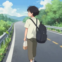 a hitchhiker on a highway, anime style