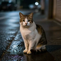 Cat sitting on wet street corner, night, high detail, 4k