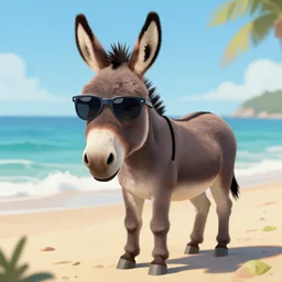 A donkey wearing cool sunglasses at the beach, digital art, by david Villegas