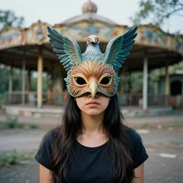 a woman wearing a mask made of birds, in an abandoned theme park, by omar z. robles, canon eos c 3 0 0, ƒ 1. 8, 3 5 mm, 8 k, medium - format print