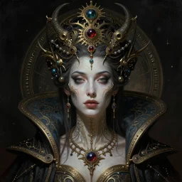 queen of death. intricate portrait, occult cyberpunk, ancient futuristic, dark art, occult. by Petros Afshar, by artgerm, Eddie Mendoza