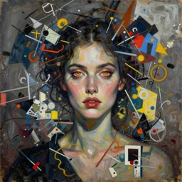 femme fatale looking at me embraced with burning eyes detailed chaotic analogue dada collage with deep texture in style of conteporary art, photorealistic, expressionism, masterpiece, balanced composition, wide range of colors, spectacular quality, intricate oil details