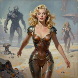 a mixed media painting of one very beautiful blonde woman fleeing from a distant colossus creature on an alien world, elegant, aesthetic!!! symmetrical face and eyes, sixties pinup, futuristic leather armor, photorealistic, curvy, epic sci - fi character art, by frank frazetta, donato giancola, boris vallejo, greg rutkowski, christian macnevin