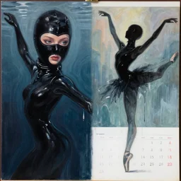 two anime beautiful female body silhouettes, beautiful acrylic fluid portrait, photography by amy leibowitz, renaissance painting by michaelangelo, matte fresco, black latex female balaclava, female calendar, ballerina body covered with black water, underwater, melting glass, close up portrait, cinematic still, film still, magic hour, fashion portrait, cold colors, sketch
