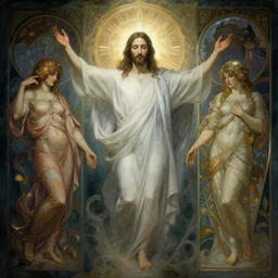 the second coming of jesus christ, intricate concept art, ethereal, ominous, dramatic lighting, Ruan Jia and Jeremy Mann and Alphonse Mucha