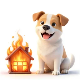 Dog big smile because his house is burning, huge fire