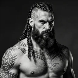 a black and white portrait of a tall muscular man, with a full black beard, barbarian with white skin, short hair on sides of head, long braided hair on top of head, tribal tattoos on head and chest and back, grog, upper body portrait, style by donato giancola, wayne reynolds, jeff easley dramatic light, high detail, cinematic lighting, artstation, dungeons and dragons