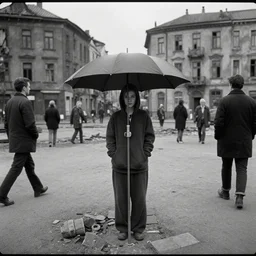 sadie sink in hoodie at umbrella stand in ruined square, pedestrians on both sides ignore her, old tenements in background : grainy b & w 1 6 mm film, 2 5 mm lens, single long shot from schindler's list by steven spielberg. cyberpunk, steampunk. cinematic atmosphere and composition, detailed face, perfect anatomy