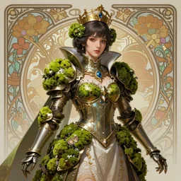 hyperdetailed portrait of beautiful queen's flower moss armored maid costume girl. highly detailed portrait, digital painting, artstation hq, sharp foccus ilustration, artstation hq. intricate, elegant. wlop, artgerm, greg rutkowski, alphonse mucha, medium shot. dan mumford, tomokazu matsuyama, takato yamamoto
