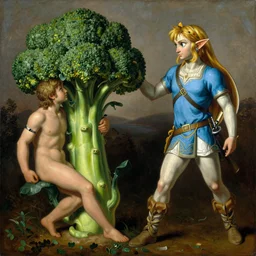 a painting of zelda touching a broccoli, the painting looks like the creation of adam by michelangelo, adam is zelda, god is the broccoli