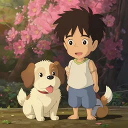 a wholesome animation key shot of a cute little with her dog, studio ghibli, pixar and disney animation, sharp, rendered in unreal engine 5, anime key art by greg rutkowski, bloom, dramatic lighting