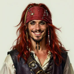 portrait of a young ruggedly handsome but joyful pirate, male, masculine, upper body, red crimson hair, long flowing hair, fantasy, cheeky smirk, intricate, elegant, highly detailed, digital painting, artstation, concept art, matte, sharp focus, illustration, art by artgerm and greg rutkowski and alphonse mucha