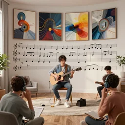 rendered in blender people in beautiful room listen music, musical score, abstract photo collage, high resolution, unreal 6, breathtaking detailed, artwork by alexander milne calder