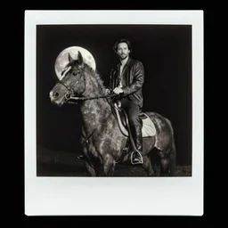 real polaroid photo, old photo, black and white, keanu reeves from the matrix riding a horse on moon, detailed, hyper realistic, 4 k octan render, unreal 5