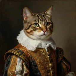 portrait of a posh sophisticated pedigree male cat wearing renaissance clothes. art by rubens, oilpainting, sharp focus, very detailed, hyper realistic, rich colors